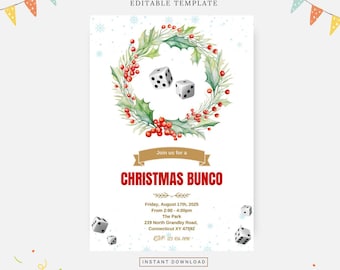 May include: A printable Christmas Bunco invitation with a watercolor wreath of holly and berries. The invitation includes the text "Join us for a Christmas Bunco", the date and time of the event, the location, and RSVP information.