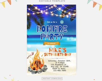 Beach bonfire party invitation, Editable template, Instant download, DIY invitation