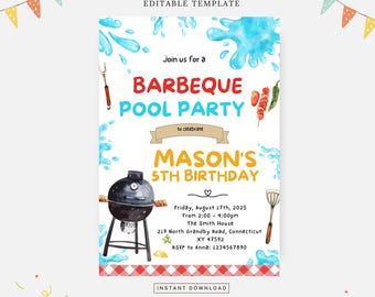 Invitation à une soirée barbecue au bord de la piscine, modèle modifiable, téléchargement immédiat, invitation bricolage