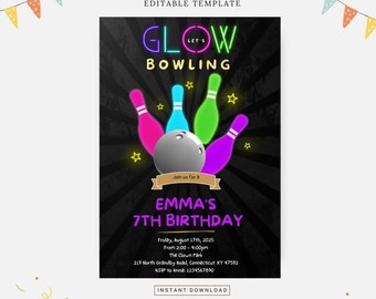 Glow bowling födelsedagsfest, redigerbar mall, direktnedladdning, gör-det-själv-inbjudan