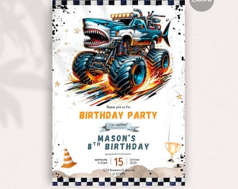 Shark monster truck invite, Instant Download DIY Invitation, Editable invitation, Digital Stationery, Fully Personalizable