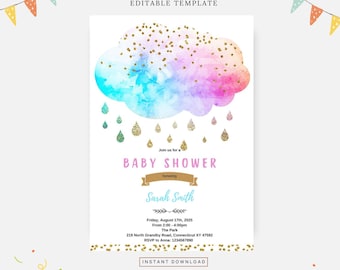Babyshower i moln, redigerbar mall, direktnedladdning, gör-det-själv-inbjudan