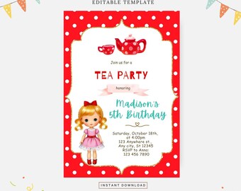 Doll party invitation, Editable template, Instant download, DIY invitation