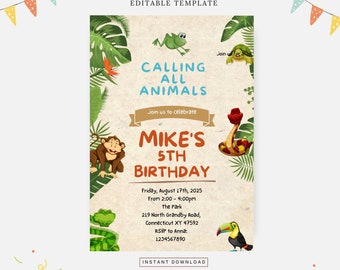 Rainforest safari birthday party, Editable template, Instant download, DIY invitation