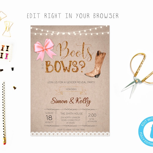 Boots or Bows Gender Reveal Invitation Editable Template - Etsy