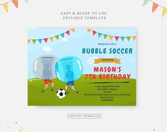 Bubble soccer birthday party, Editable template, Instant download, DIY invitation