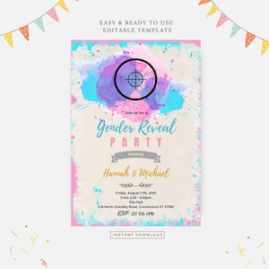 Festa di rivelazione del genere del bersaglio di tiro, modello modificabile, download istantaneo, invito fai da te