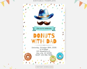 Invitación de donas con papá, plantilla editable, descarga instantánea, invitación hecha a mano
