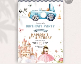 Princess and race car invite, Instant Download DIY Invitation, Editable invitation, Digital Stationery, Fully Personalizable