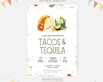 Tacos and tequila invitation, Editable template, Instant download, DIY invitation