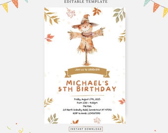 Fall scarecrow invitation, Editable template, Instant download, DIY invitation