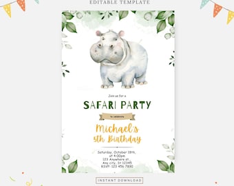 Convite para festa de hipopótamo, modelo editável, download instantâneo, convite faça você mesmo