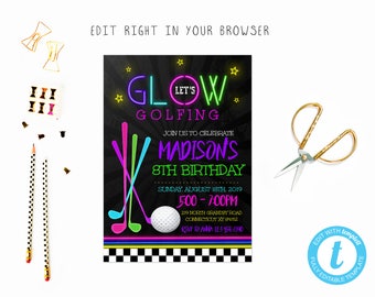 Glow golf party tem, TRY BEFORE you BUY, instant download, edit yourself einladung,Template Editable