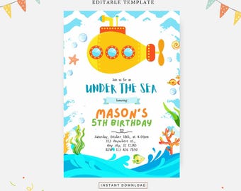Submarine birthday invitation, Editable template, Instant download, DIY invitation