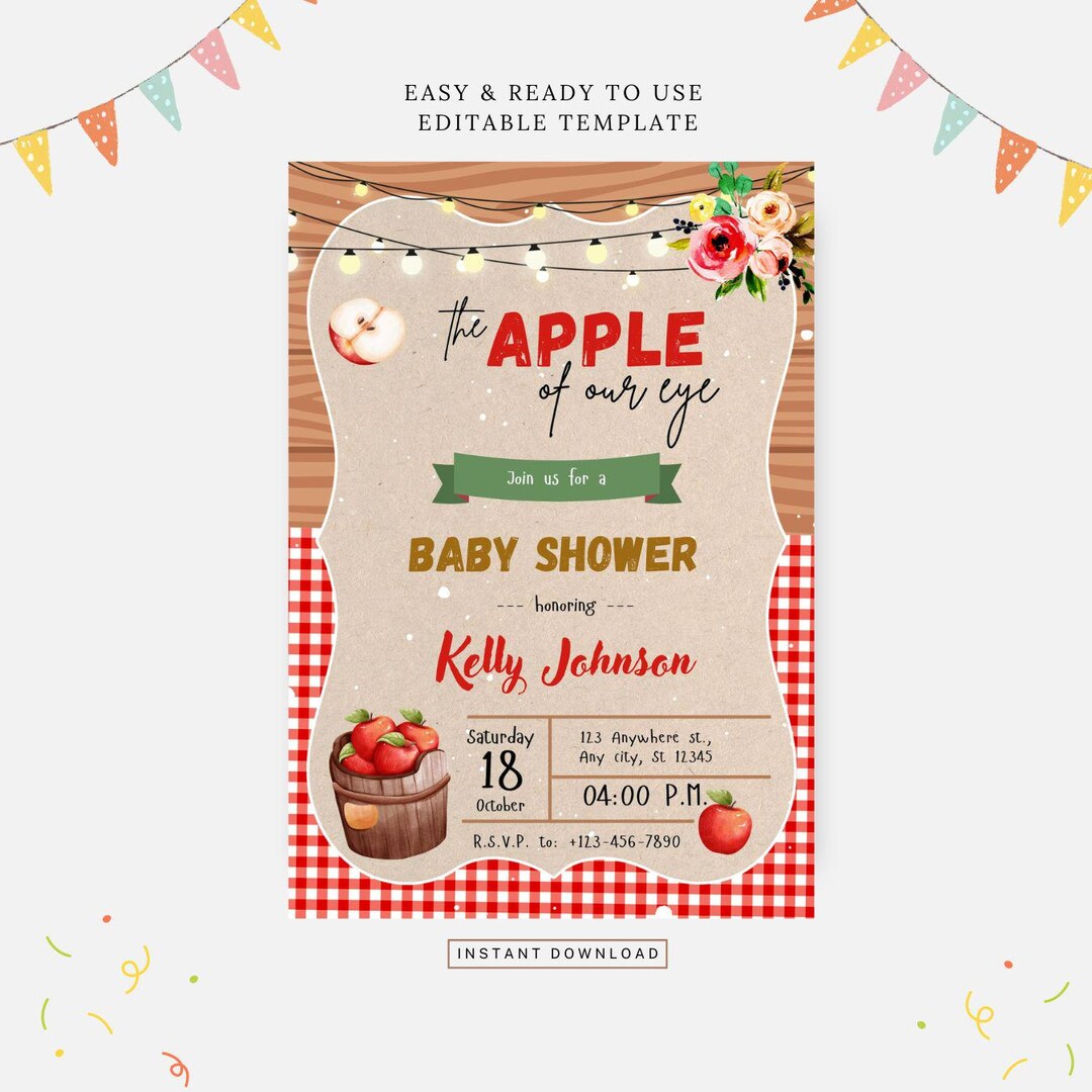 Apple Party Invitation, Editable Template, Instant Download, DIY