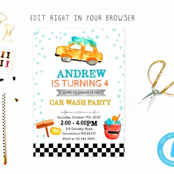 Cute car wash party tem, TRY BEFORE you BUY, instant download, edit yourself invitation,Template Editable