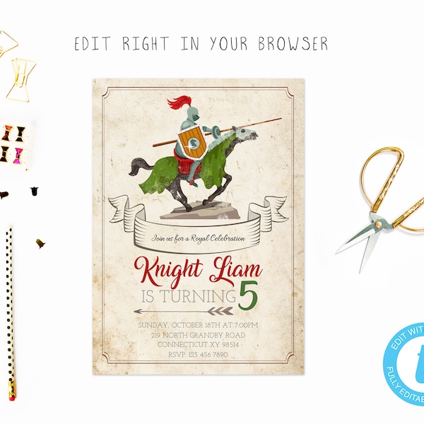 Knight birthday party tem, TRY BEFORE you BUY, instant download, edit yourself invitation,Template Editable