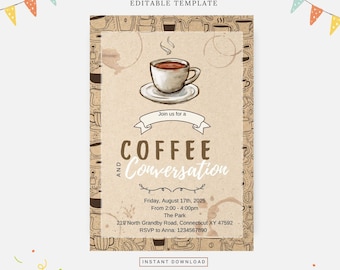 Coffee and conversation party, Editable template, Instant download, DIY invitation