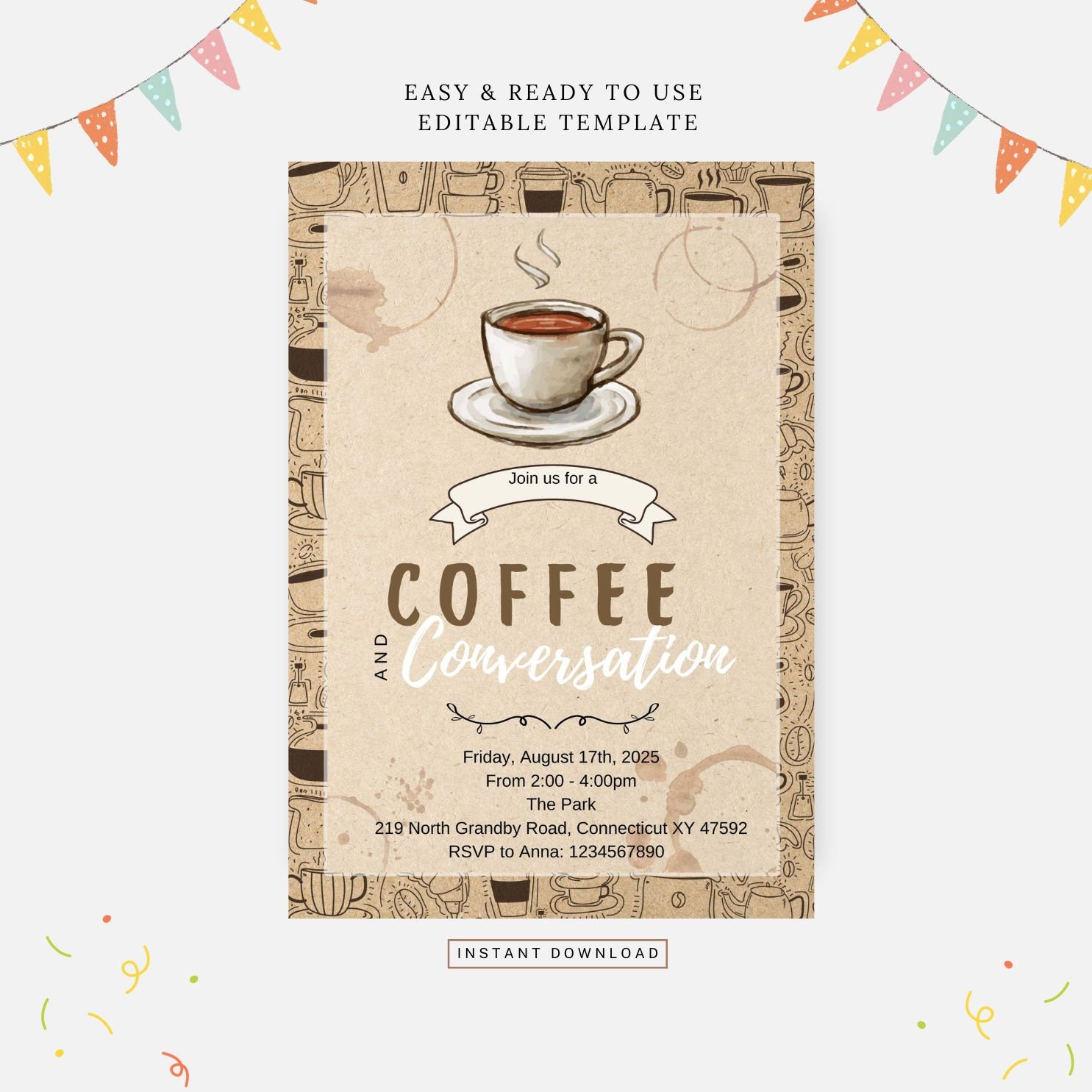 Coffee Rave Invite Coffee and Conversation Party, Editable Template, Instant Download, DIY ...