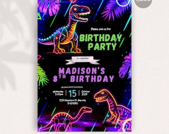 Neon Dinosaur Birthday Party invitation, Instant Download DIY Invitation, Editable invitation, Digital Stationery, Fully Personalizable