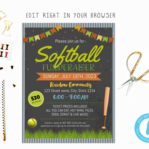 Softball fundraiser flyer, TRY BEFORE you BUY, instant download, edit yourself invitation,Template Editable