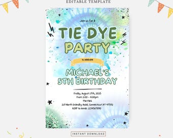May include: A tie-dye themed birthday party invitation with a blue, green, and yellow watercolor background. The invitation says "Join us for a Tie Dye Party to celebrate Michael's 5th Birthday". The invitation includes the date, time, location, and RSVP information.