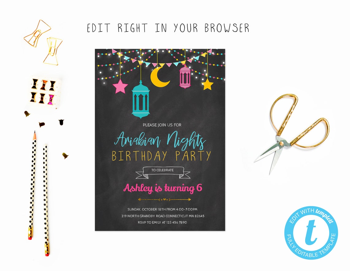 Arabian Nights Birthday Party Invitation - Dark Background