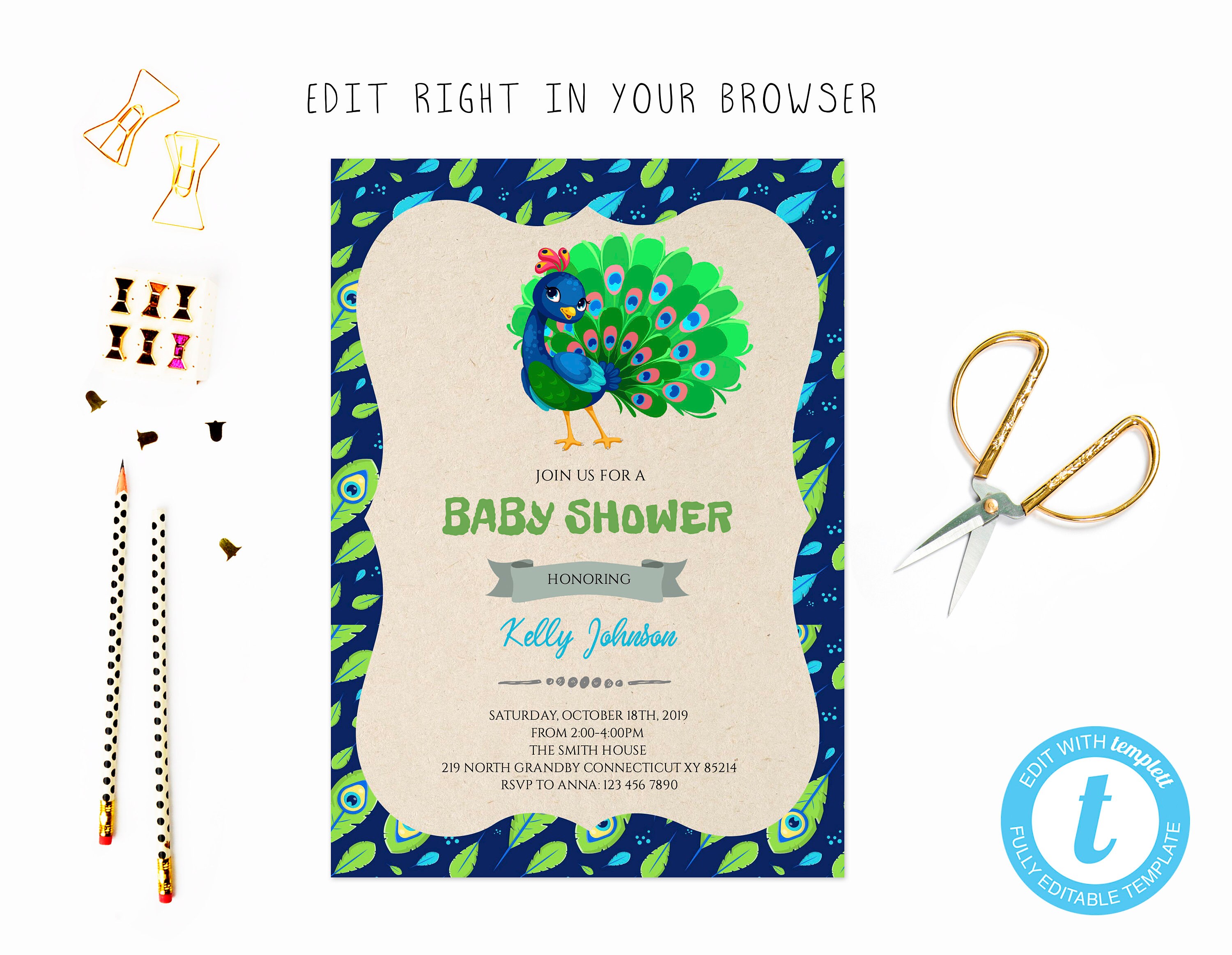 Peacock baby shower invitations sale