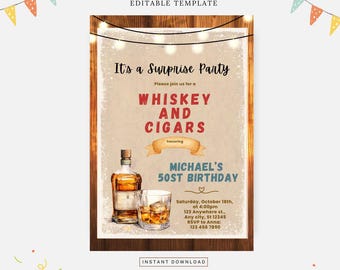 Whiskey birthday invitation, Editable template, Instant download, DIY invitation
