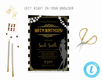 1920s birthday party tem, TRY BEFORE you BUY, instant download, edit yourself invitation,Template Editable