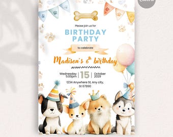 Cute dog puppy party invitation, Instant Download DIY Invitation, Editable invitation, Digital Stationery, Fully Personalizable