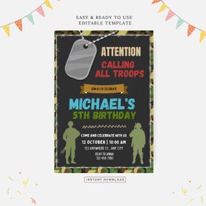 Invitation de fête d'anniversaire de l'armée, modèle modifiable, téléchargement immédiat, invitation de bricolage