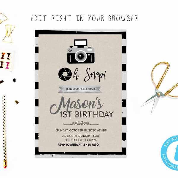 Camera party tem, TRY BEFORE you BUY, instant download, edit yourself invitation,Template Editable