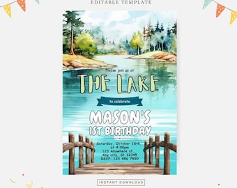 May include: A blue and green watercolor illustration of a lake with a wooden bridge. The text "Please join us at THE LAKE to celebrate MASON'S 1ST BIRTHDAY" is on the invitation. The invitation also includes the date, time, and location of the party.  The text "INSTANT DOWNLOAD" is at the bottom of the invitation.
