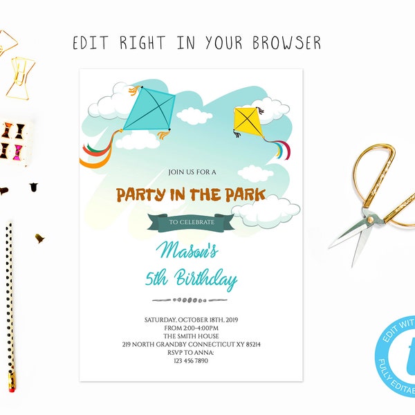 Kite birthday party, TRY BEFORE you BUY, instant download, edit yourself invitation,Template Editable