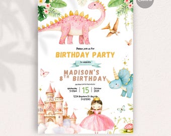 Princess and dinosaur girl theme invite, Instant Download DIY Invitation, Editable invitation, Digital Stationery, Fully Personalizable