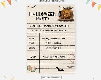 Library card Halloween invitation, Editable template, Instant download, DIY invitation