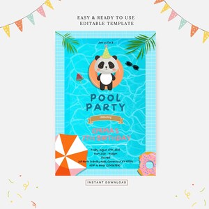 May include: A blue and white pool party invitation with a panda bear wearing a party hat and floating on a pool ring. The text reads "Pool Party celebrating Emma's 7th Birthday".