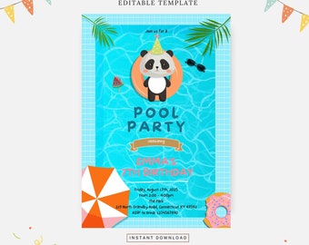 Puede incluir: Una invitación a una fiesta de piscina azul y blanca con un oso panda que lleva un gorro de fiesta y flota en un flotador de piscina. El texto dice "Pool Party celebrando el 7º cumpleaños de Emma".