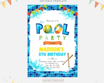 Softball pool birthday invitation, Editable template, Instant download, DIY invitation