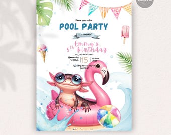 Axolotl Pool theme invite, Instant Download DIY Invitation, Editable invitation, Digital Stationery, Fully Personalizable