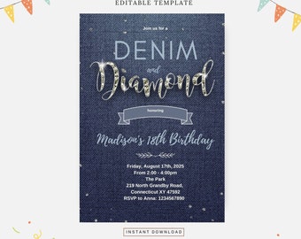Verjaardag denim en diamanten, bewerkbare sjabloon, Instant download, DIY-uitnodiging