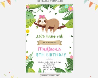 Invito di compleanno ragazza bradipo, modello modificabile, download istantaneo, invito fai da te