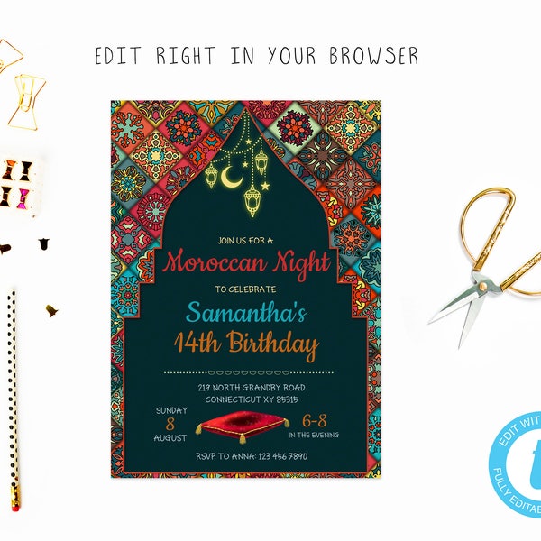 Moroccan night party tem, TRY BEFORE you BUY, instant download, edit yourself invitation,Template Editable