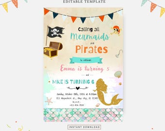 Op de afbeelding: Een uitnodiging voor een feestje met een piraten- en zeemeerminthema. De uitnodiging toont een schatkist, een piratenvlag en een gouden zeemeerminsilhouet. De tekst bevat "Calling all Mermaids and Pirates" en details voor de verjaardag van Emma en Mike.
