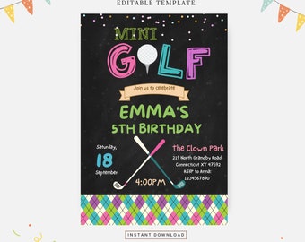 Minigolffödelsedagsfest, redigerbar mall, direktnedladdning, gör-det-själv-inbjudan