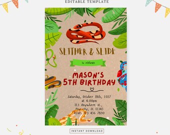 Schlange-Geburtstagseinladung, bearbeitbare Vorlage, Sofort-Download, DIY-Einladung