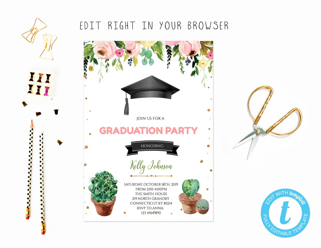 Graduating Cactus Cactus Flower Graduation Invitation, TRY BEFORE You BUY, Instant ...