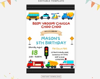 Linda fiesta de cumpleaños de transporte, plantilla editable, descarga instantánea, invitación de bricolaje