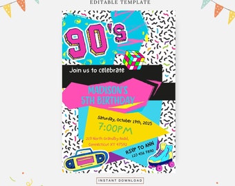 Girly 90s theme party, Editable template, Instant download, DIY invitation